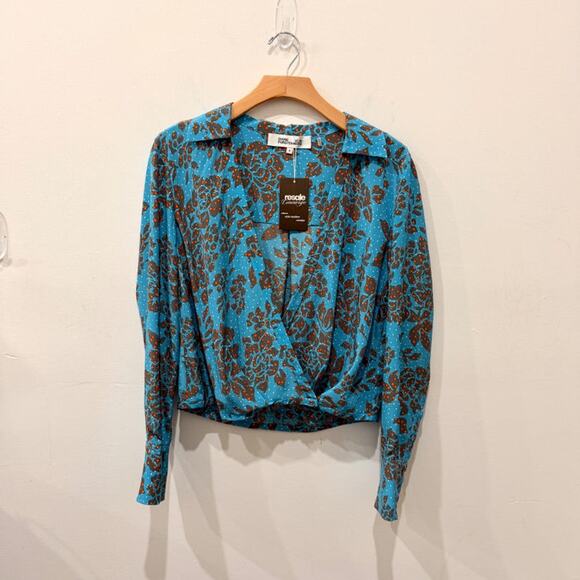 Diane von Furstenberg Floral Callow Collared Crossover Silk Blouse Blue/Orange 6 - Picture 2 of 5